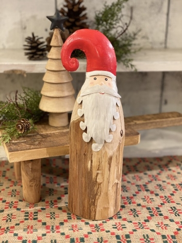 WOODEN SANTA WITH METAL HAT AND BEARD